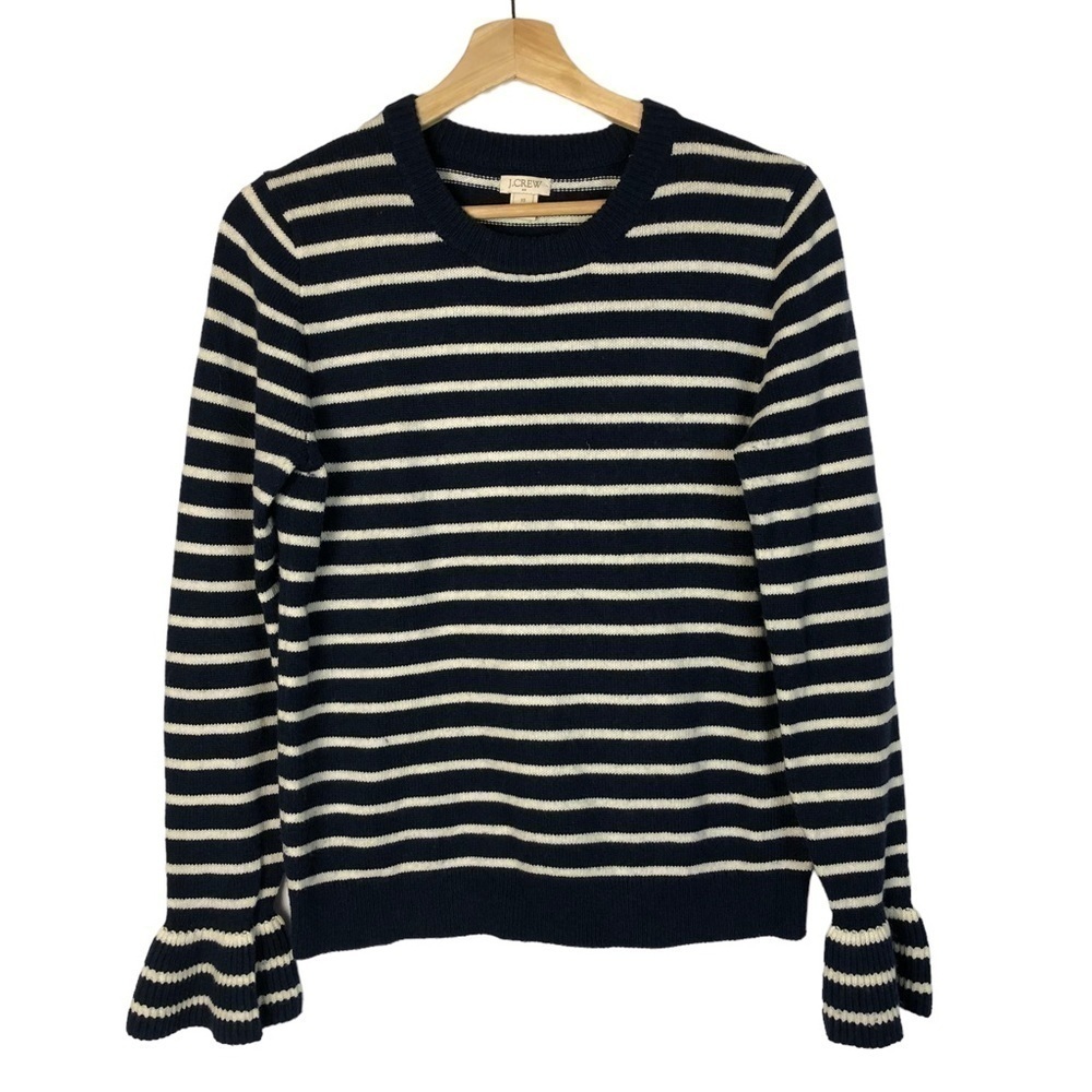 J. Crew Navy Blue & White Stripe Ruffle Sleeve Crewneck Sweater XS - Picture 2 of 4